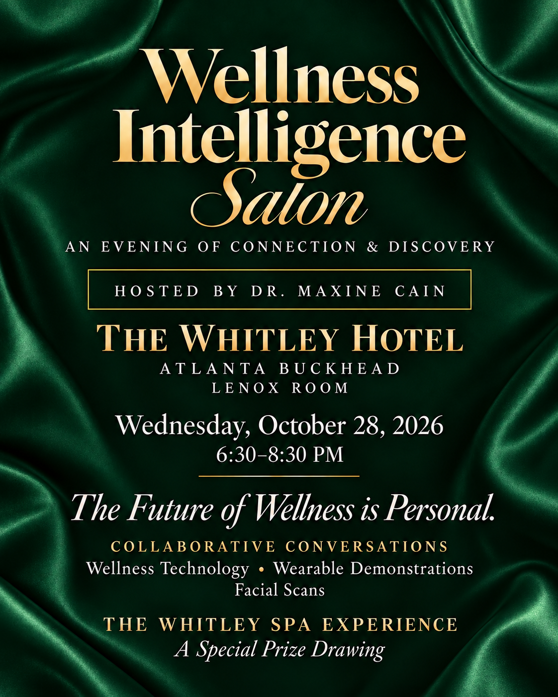 Invitation to the Wellness Intelligence Salon hosted by Dr. Maxine Cain at The Whitley Hotel in Atlanta Buckhead on Wednesday, October 28, 2026