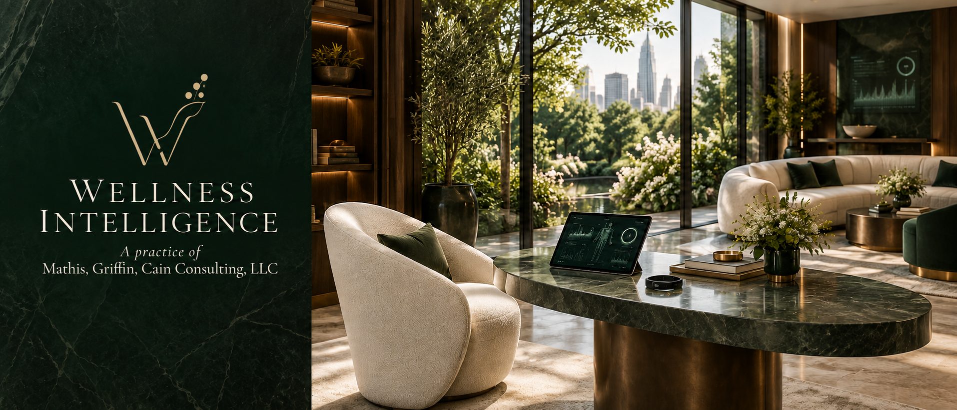 Wellness Intelligence, a practice of Mathis, Griffin, Cain Consulting, LLC, presented in a luxurious emerald wellness salon with a wellness technology display