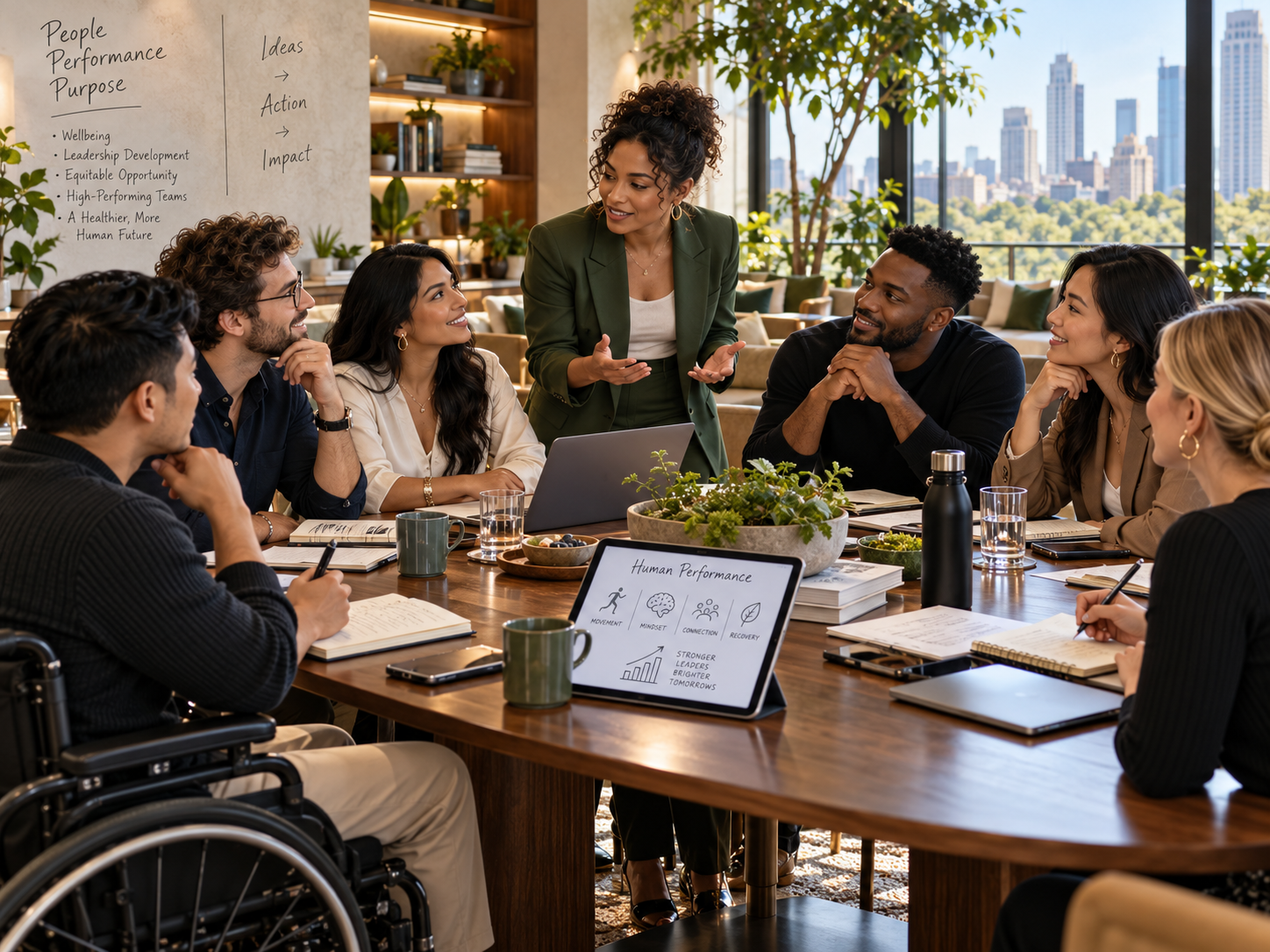 An inclusive, diverse group of professionals in a human-performance collaboration session around a table
