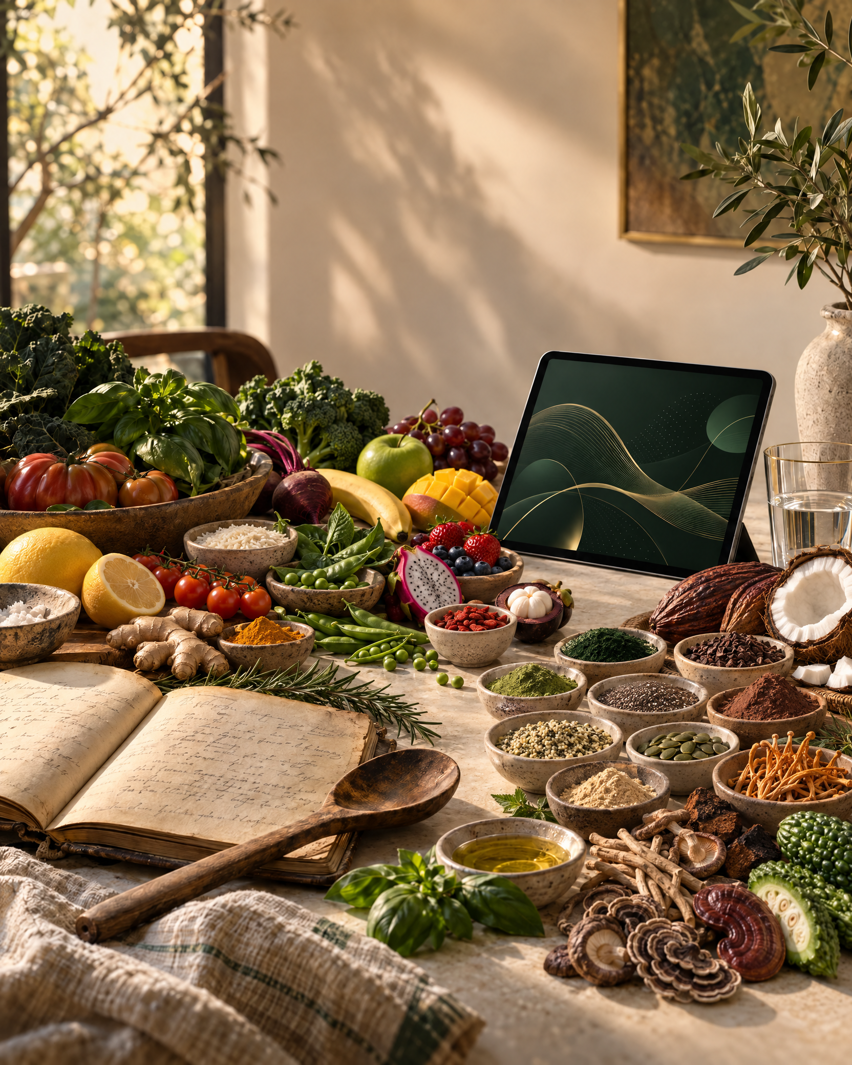 Family table with fresh fruits, greens, pea pods, grains, seeds, cacao, botanicals, functional mushrooms, a recipe book, and an abstract wellness-data tablet