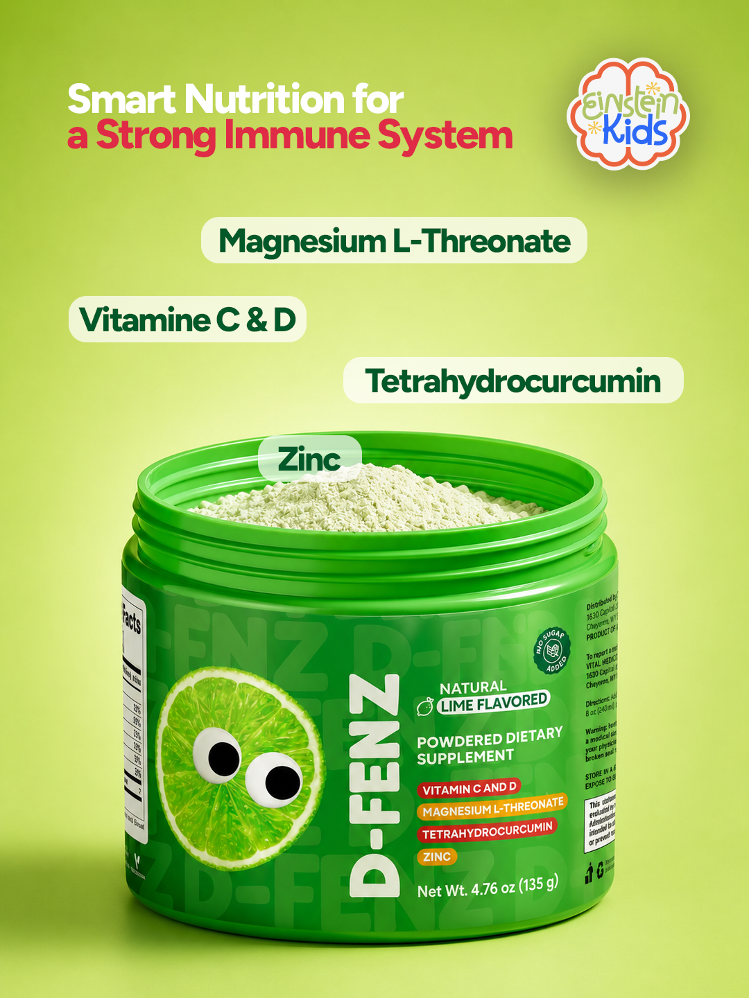D-Fenz Kids natural lime powdered dietary supplement packaging