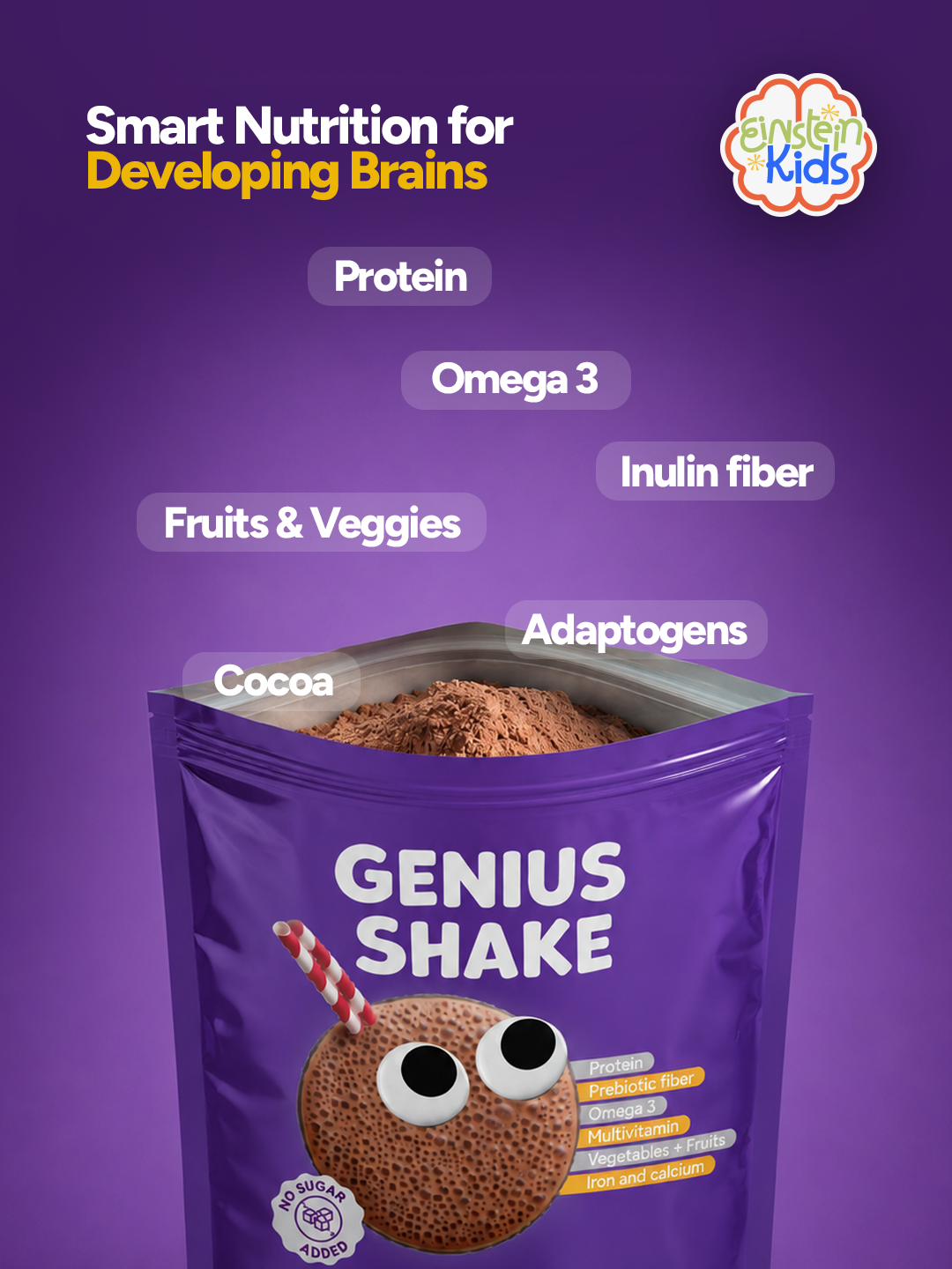 Genius Shake Kids chocolate powdered dietary supplement packaging