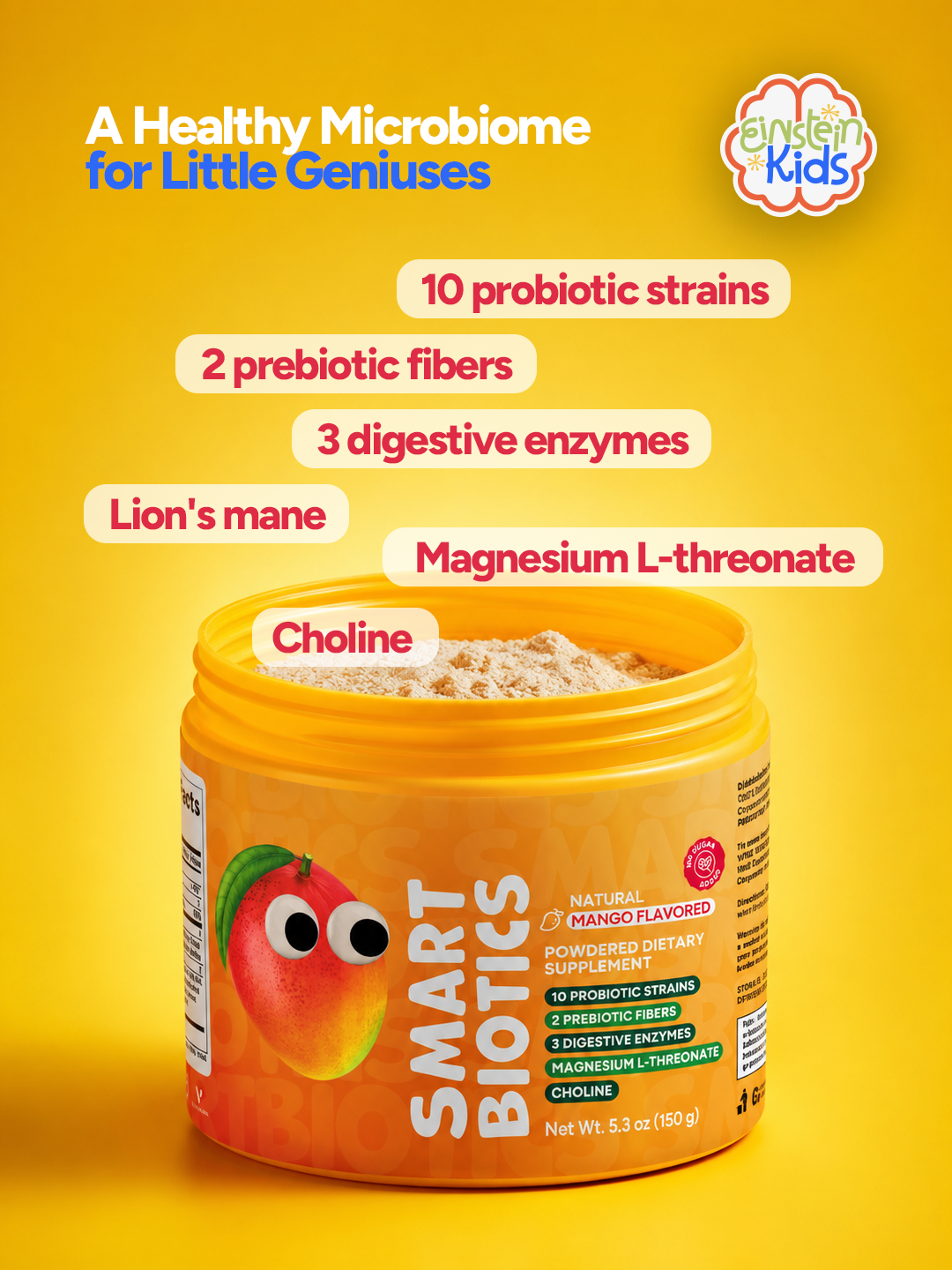 SmartBiotics Kids mango powdered dietary supplement packaging