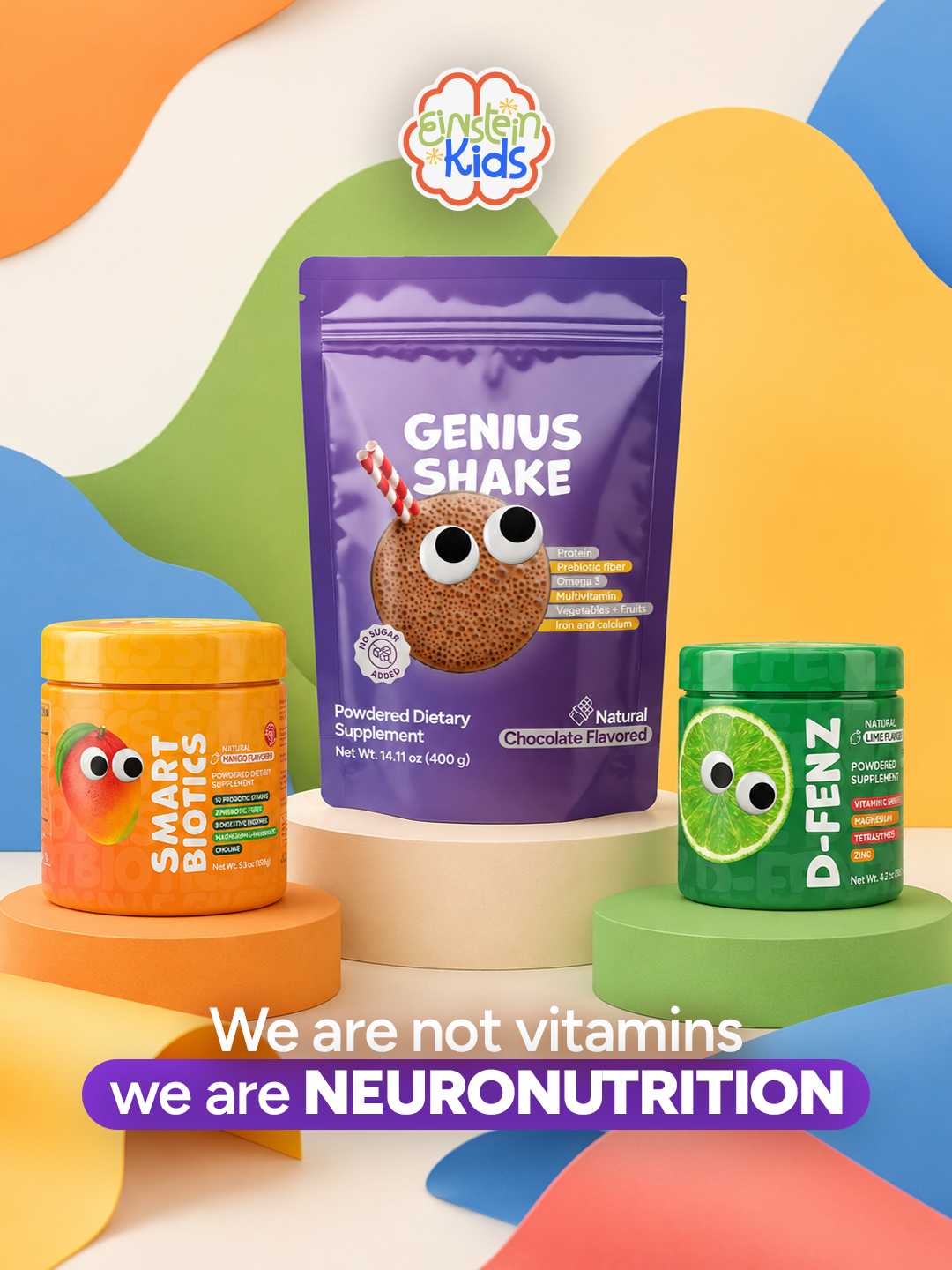 Einstein Kids Genius Shake, SmartBiotics, and D-Fenz product line in a colorful Neuro Nutrition display