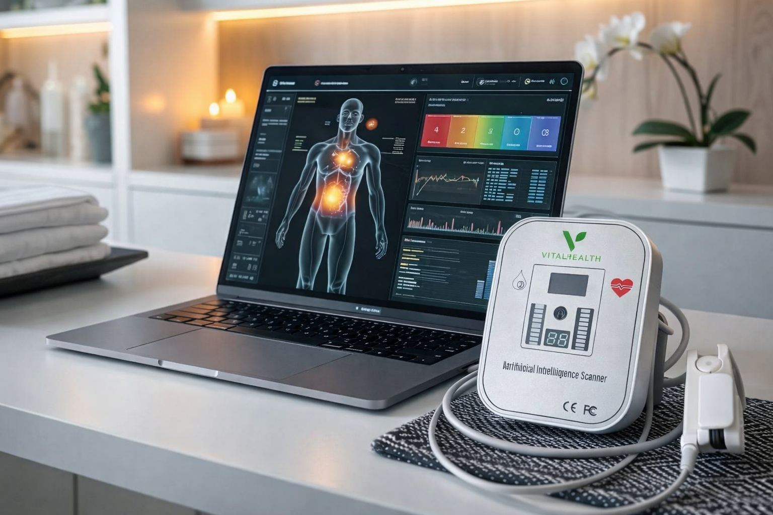 Quantum Resonance Magnetic Analyzer Scanner device with a connected sensor and laptop in a wellness education setting